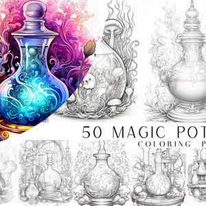 50 páginas para colorear de pociones mágicas: libro para colorear para adultos y niños, hojas para colorear de fantasía, descarga instantánea, archivo PDF imprimible.