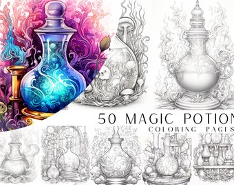 50 Magic Potion Coloring Pages - Adult And Kids Coloring Book, Fantasy Coloring Sheets, Instant Download, Printable PDF File.