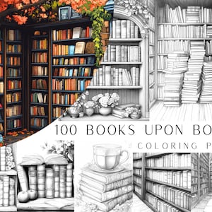 100 Books Upon Books Coloring Pages - Instant Digital PDF Download, Printable Coloring Sheets, Adult and Kids Coloring Book, Mindfulness