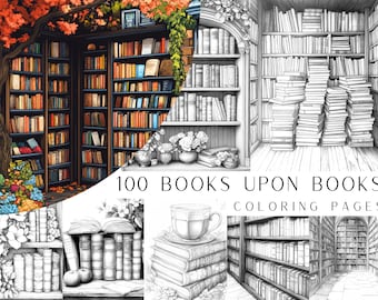 100 Books Upon Books Coloring Pages - Instant Digital PDF Download, Printable Coloring Sheets, Adult and Kids Coloring Book, Mindfulness