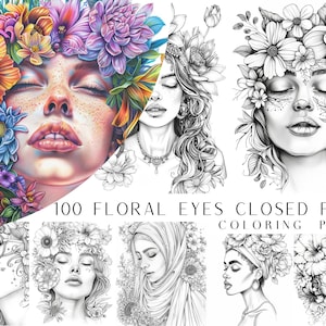 Könnte beinhalten: 100 Malvorlagen mit Blumen und geschlossenen Augen. Eine Sammlung von Malvorlagen mit Gesichtern, die mit geschlossenen Augen von Blumen umgeben sind. Die Gesichter sind in Schwarzweiß gezeichnet, die Blumen in verschiedenen Grautönen.