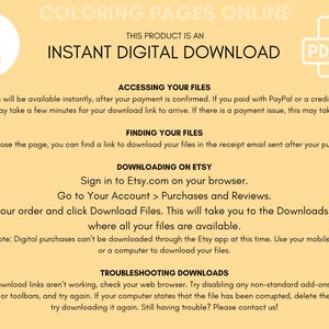 May include: A yellow background with black text explaining how to access and download digital files purchased on Etsy. The text includes instructions for finding files in the receipt email, downloading files on Etsy, and troubleshooting download issues.