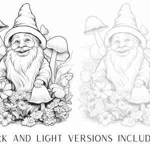 May include: A black and white line drawing of a gnome sitting on a mushroom with a large smile. The gnome is wearing a pointed hat and has a long beard. The gnome is surrounded by flowers and mushrooms.