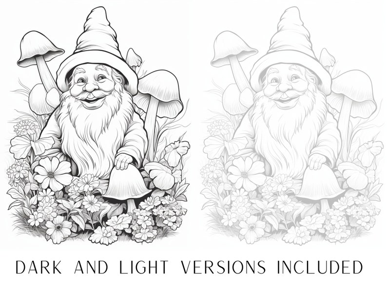May include: A black and white line drawing of a gnome sitting on a mushroom with a large smile. The gnome is wearing a pointed hat and has a long beard. The gnome is surrounded by flowers and mushrooms.