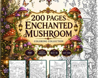 Enchanted Mushroom Coloring Pages Collection, Whimsical Woodland Fungi (Light + Dark PDF)