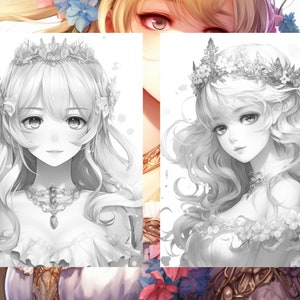 May include: A black and white illustration of a young woman with long, flowing hair wearing a crown and a dress. She has a gentle expression on her face.