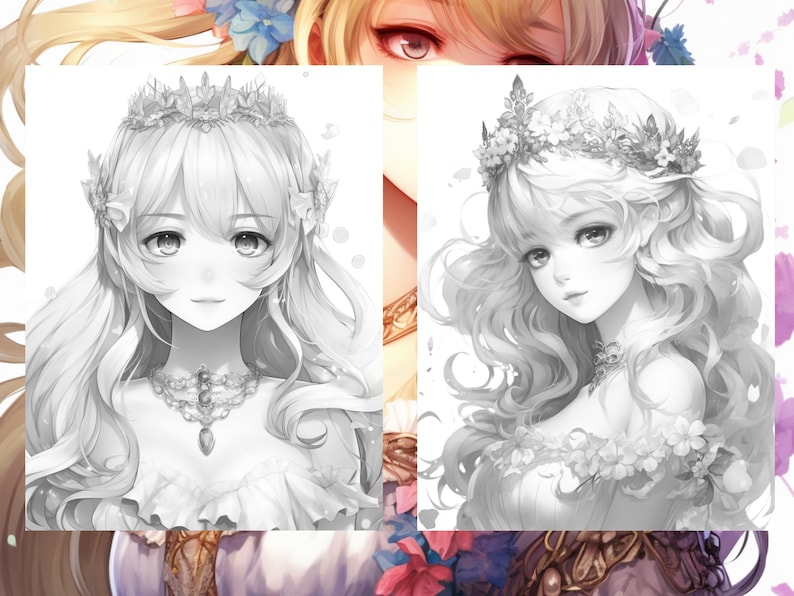 May include: A black and white illustration of a young woman with long, flowing hair wearing a crown and a dress. She has a gentle expression on her face.