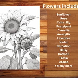 100 pages à colorier de fleurs élégantes - livre de coloriage pour adultes et enfants, niveaux de gris, feuilles de coloriage numériques, téléchargement immédiat, fichier PDF imprimable. image 7
