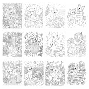 May include: A collection of twelve black and white line art illustrations featuring kittens in various settings, including a garden, a beach, a greenhouse, and a cozy room, designed for coloring with detailed floral, nature, and household elements.