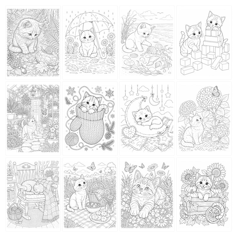 May include: A collection of twelve black and white line art illustrations featuring kittens in various settings, including a garden, a beach, a greenhouse, and a cozy room, designed for coloring with detailed floral, nature, and household elements.