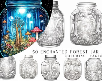 50 Enchanted Forest Jar Coloring Pages - Adult And Kids Coloring Book, Greyscale, Coloring Sheets, Instant Download, Printable PDF File.