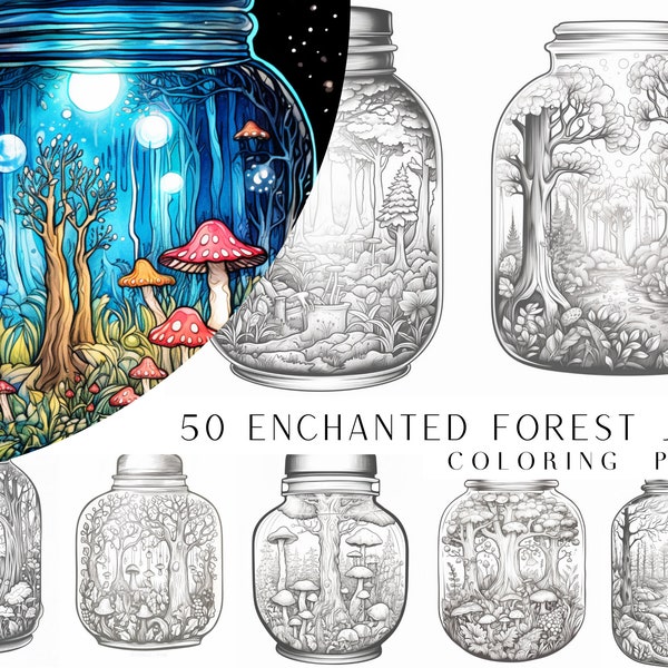 50 Enchanted Forest Jar Coloring Pages - Adult And Kids Coloring Book, Greyscale, Coloring Sheets, Instant Download, Printable PDF File.