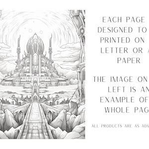 May include: A black and white line drawing of a fantasy city with a large dome-shaped building in the center. The city is surrounded by mountains and a path leads to the city from the bottom of the image. The text "EACH PAGE IS DESIGNED TO BE PRINTED ON US LETTER OR A4 PAPER THE IMAGE ON THE LEFT IS AN EXAMPLE OF A WHOLE PAGE ALL PRODUCTS ARE AS ADVERTISED." is printed on the right side of the image.