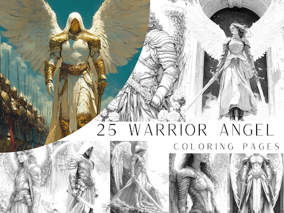 25 Warrior Angel Coloring Pages - Adult And Kids Coloring Book, Digital Coloring Sheets, Instant Download, Printable PDF File.