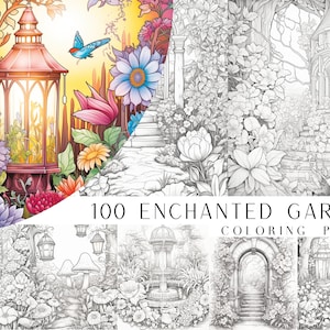 100 Verzauberte Garten Malseiten - Erwachsene und Kinder Malbuch, digitale Malvorlagen, sofortiger Download, druckbare PDF-Datei.