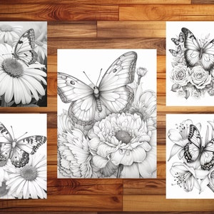 May include: Four black and white printable coloring pages featuring butterflies and flowers. Each page features a different butterfly and flower arrangement.