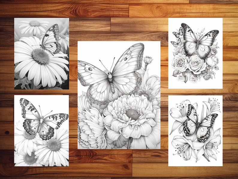 May include: Four black and white printable coloring pages featuring butterflies and flowers. Each page features a different butterfly and flower arrangement.