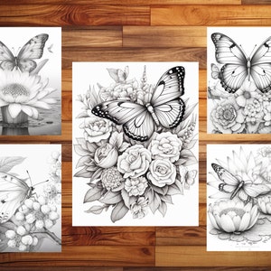 May include: Five black and white coloring pages featuring butterflies and flowers. Each page has a different butterfly and flower arrangement.