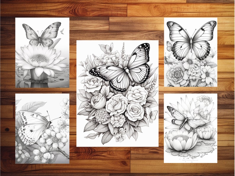 May include: Five black and white coloring pages featuring butterflies and flowers. Each page has a different butterfly and flower arrangement.
