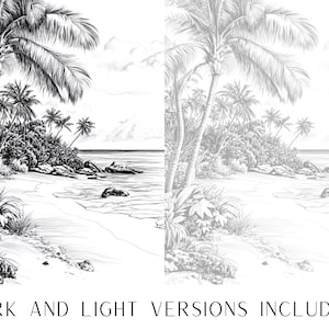 May include: A black and white illustration of a tropical beach scene with palm trees, rocks, and a sandy shore. The image is split in half, with the left side showing a darker version and the right side showing a lighter version.