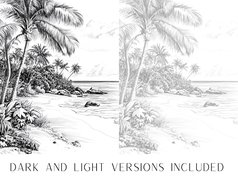 May include: A black and white illustration of a tropical beach scene with palm trees, rocks, and a sandy shore. The image is split in half, with the left side showing a darker version and the right side showing a lighter version.