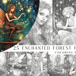 25 Enchanted Forest Fairy Coloring Pages - Adult And Kids Coloring Book, Greyscale, Coloring Sheets, Instant Download, Printable PDF File.