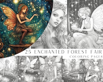 25 Enchanted Forest Fairy Coloring Pages - Adult And Kids Coloring Book, Greyscale, Coloring Sheets, Instant Download, Printable PDF File.