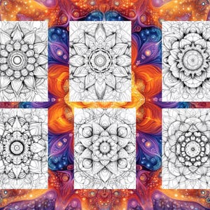 May include: Six black and white mandala designs, each with intricate details and a circular pattern. The mandalas are arranged in a grid pattern on a colorful background.