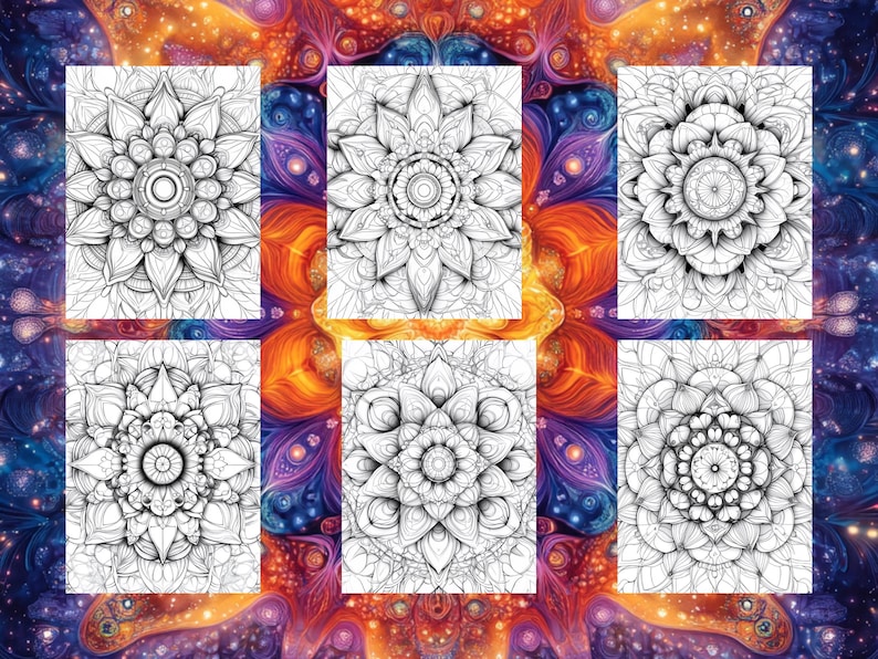 May include: Six black and white mandala designs, each with intricate details and a circular pattern. The mandalas are arranged in a grid pattern on a colorful background.