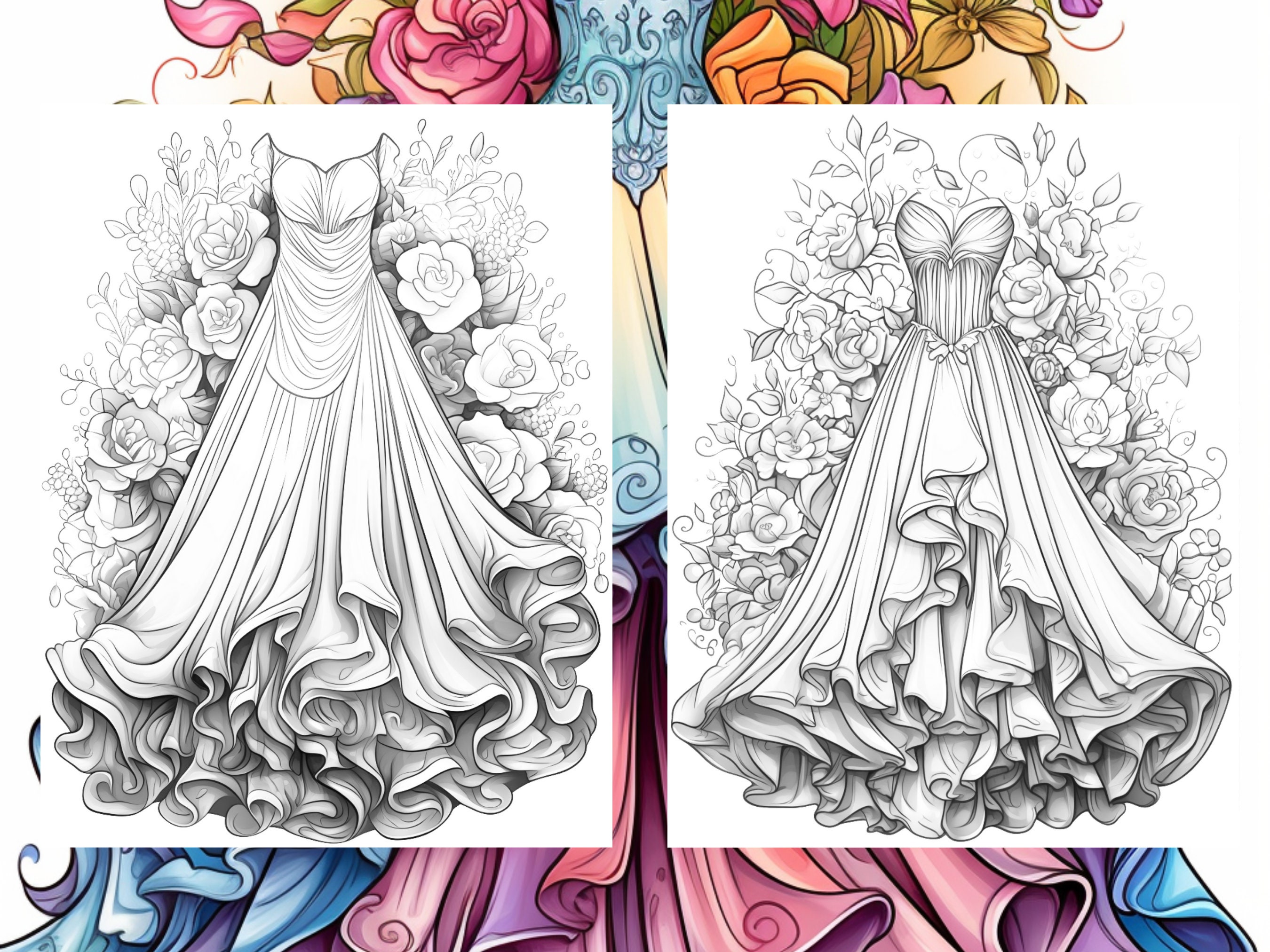25 Floral Dress Coloring Pages Adult and Kids Coloring Book, Floral ...