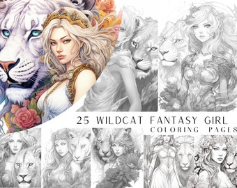 25 WildCat Fantasy Girl Coloring Pages - Adult Coloring Book, Fantasy Coloring Sheets, Instant Download, Printable PDF File.