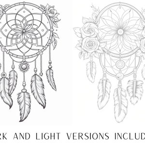May include: A black and white line drawing of a dreamcatcher with feathers and roses. The dreamcatcher is a traditional Native American symbol that is believed to protect people from nightmares.