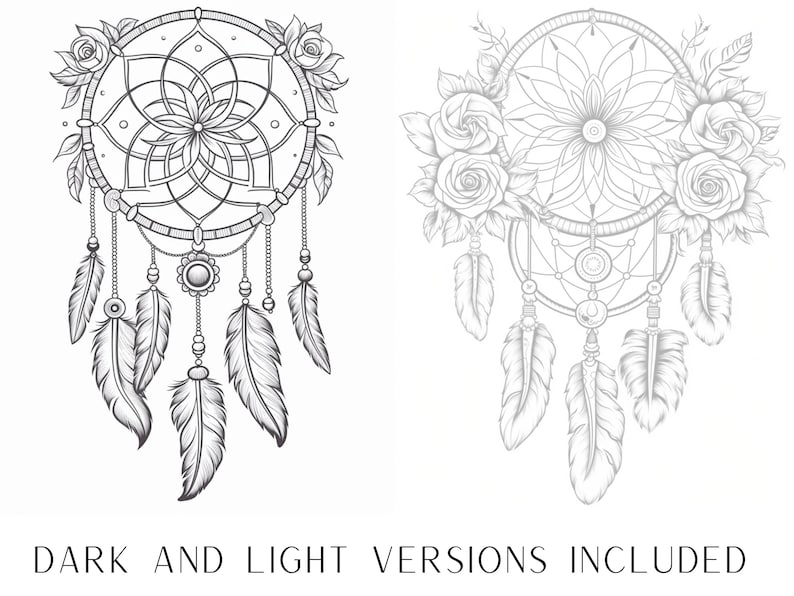 May include: A black and white line drawing of a dreamcatcher with feathers and roses. The dreamcatcher is a traditional Native American symbol that is believed to protect people from nightmares.