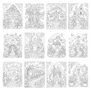 May include: A collection of twelve black and white line art illustrations featuring various fantasy dwellings, including houses shaped like mushrooms, acorns, teapots, and tree trunks, surrounded by detailed natural elements like flowers and foliage.