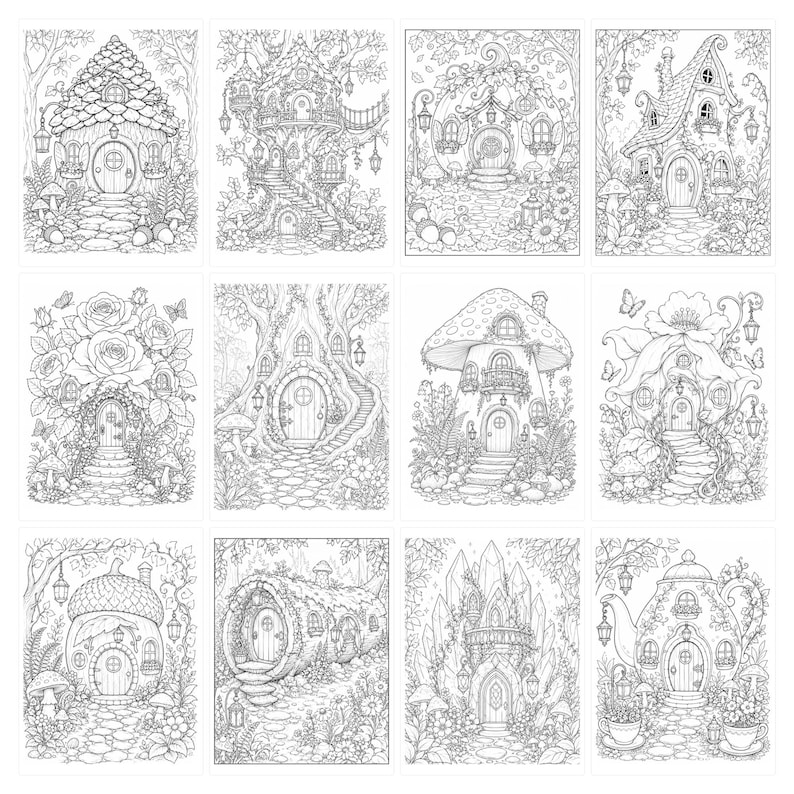 May include: A collection of twelve black and white line art illustrations featuring various fantasy dwellings, including houses shaped like mushrooms, acorns, teapots, and tree trunks, surrounded by detailed natural elements like flowers and foliage.