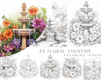 25 Floral Fountain Coloring Pages - Adults Coloring Book, Greyscale, Digital Coloring Sheets, Instant Download, Printable PDF File.