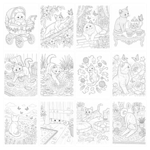 May include: A collection of twelve black and white line art illustrations featuring kittens in various settings, including a baby carriage, a garden, a tea table, a pond, and indoor rooms with yarn, flowers, and butterflies for coloring activities.