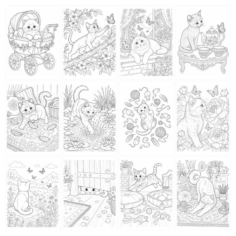 May include: A collection of twelve black and white line art illustrations featuring kittens in various settings, including a baby carriage, a garden, a tea table, a pond, and indoor rooms with yarn, flowers, and butterflies for coloring activities.
