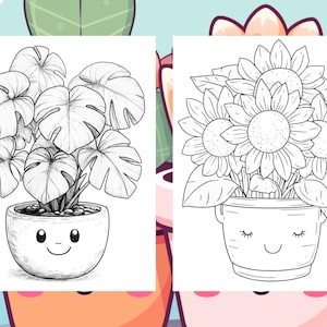 May include: A black and white line drawing of a potted monstera plant with a smiling face. The plant has large, leafy leaves and is in a round pot.