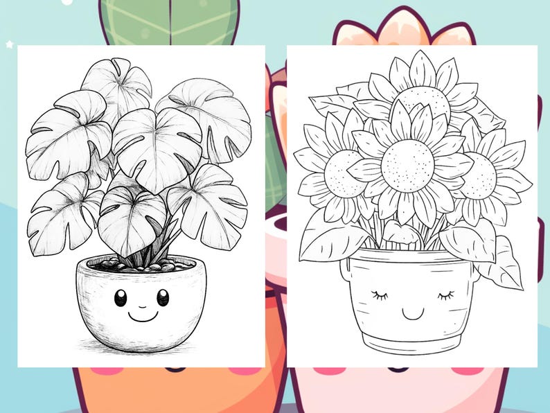 May include: A black and white line drawing of a potted monstera plant with a smiling face. The plant has large, leafy leaves and is in a round pot.