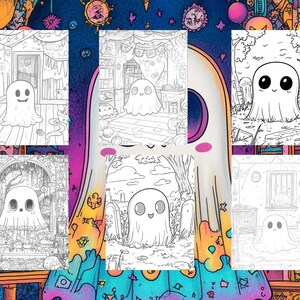 50 Cute Kawaii Spooky Ghost Coloring Pages - Kids And Adult Coloring Book, Grayscale Coloring Page, Instant Download, Printable PDF File image 4