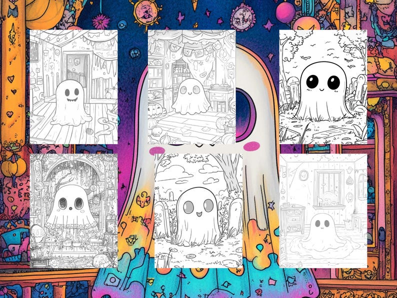 50 Cute Kawaii Spooky Ghost Coloring Pages - Kids And Adult Coloring Book, Grayscale Coloring Page, Instant Download, Printable PDF File image 4