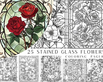25 Stained Glass Flowers Coloring Pages - Adults Coloring Book, Greyscale, Digital Coloring Sheets, Instant Download, Printable PDF File.