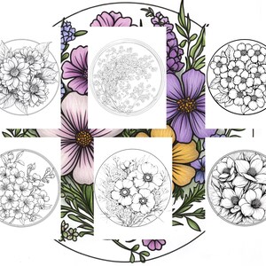 以下が含まれることがあります： さまざまな花の配置の白黒の円形イラストが6つある、花の塗り絵のデザイン。背景には、紫、黄色、緑色のカラフルな花が含まれています。