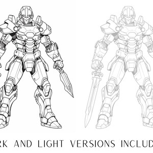 May include: Line art illustration of a robot warrior holding two swords. The robot is wearing armor and has a helmet. The image is in black and white.