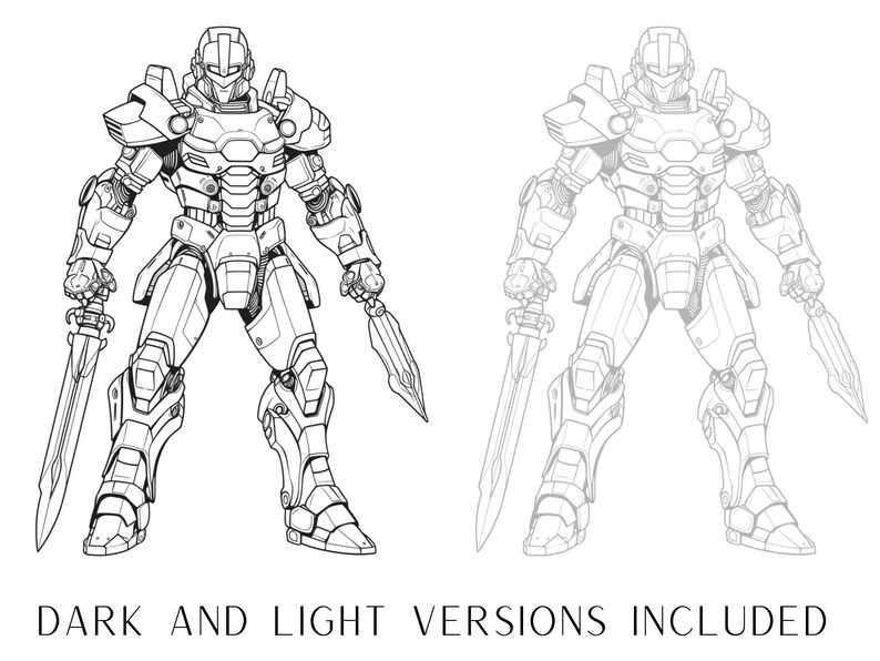 May include: Line art illustration of a robot warrior holding two swords. The robot is wearing armor and has a helmet. The image is in black and white.