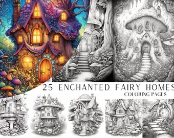 25 Enchanted Fairy Home Coloring Pages - Adult And Kids Coloring Book, Greyscale, Coloring Sheets, Instant Download, Printable PDF File.