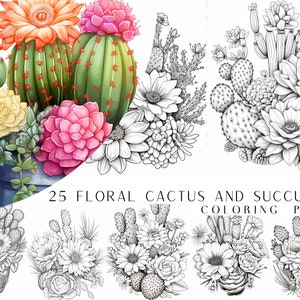 May include: 25 Floral Cactus and Succulent Coloring Pages. A set of coloring pages featuring detailed illustrations of cacti and succulents in pots, with flowers and leaves. The illustrations are in black and white, ready to be colored.