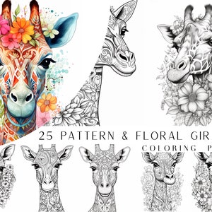 25 Patterned & Floral Giraffe Coloring Pages - Adults And Kids Coloring Book, Digital Coloring Sheets, Instant Download, Printable PDF File.
