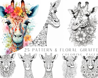 25 Patterned & Floral Giraffe Coloring Pages - Adults And Kids Coloring Book, Digital Coloring Sheets, Instant Download, Printable PDF File.